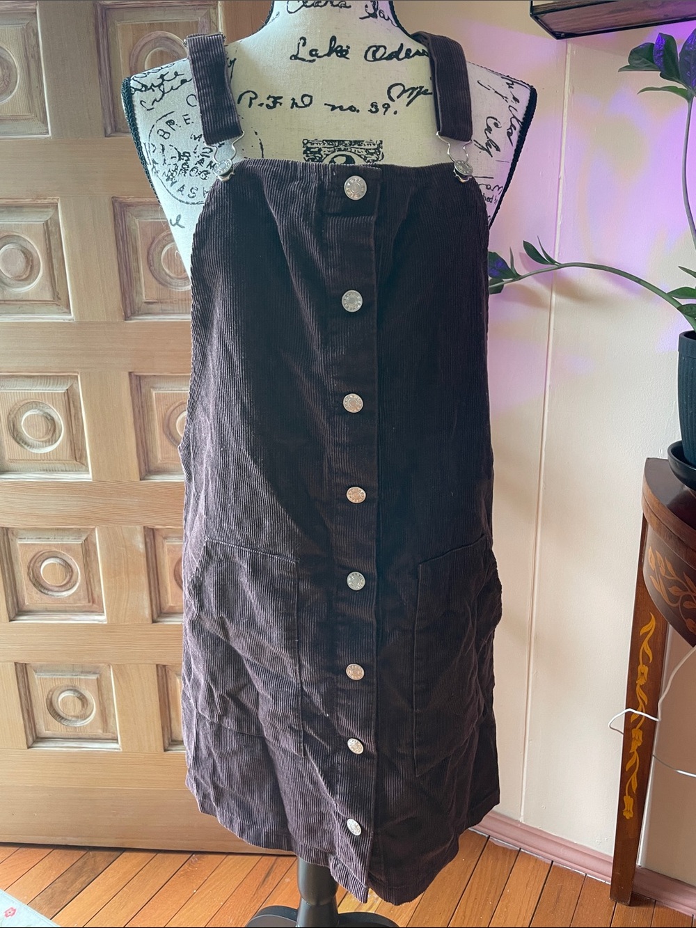 Wishlist Brown Corduroy Button-Front Pinafore Dress